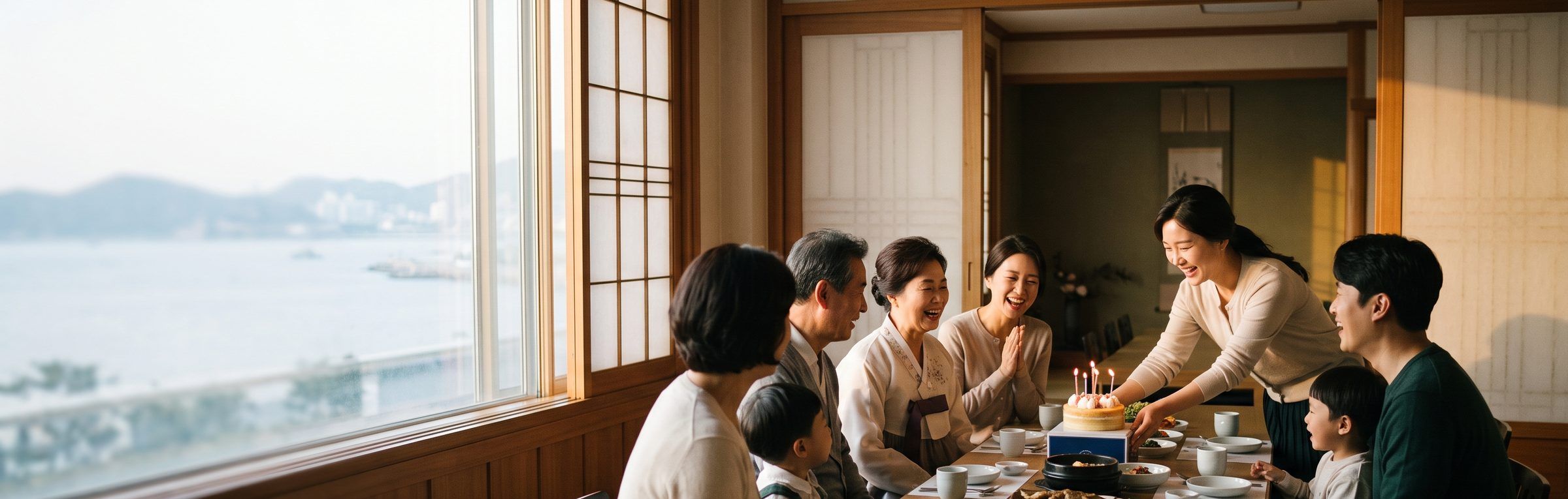 한식당 룸에서 가족이 어머니 생신 케이크를 들고 오는 모습